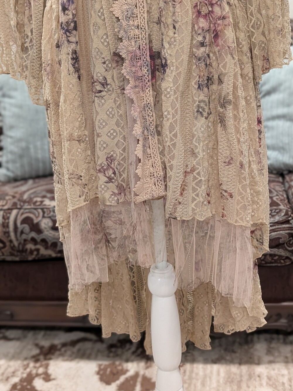 Boho Lace Floral Layered Kimono - Mocha with Pink Floral - Picture 2 of 3